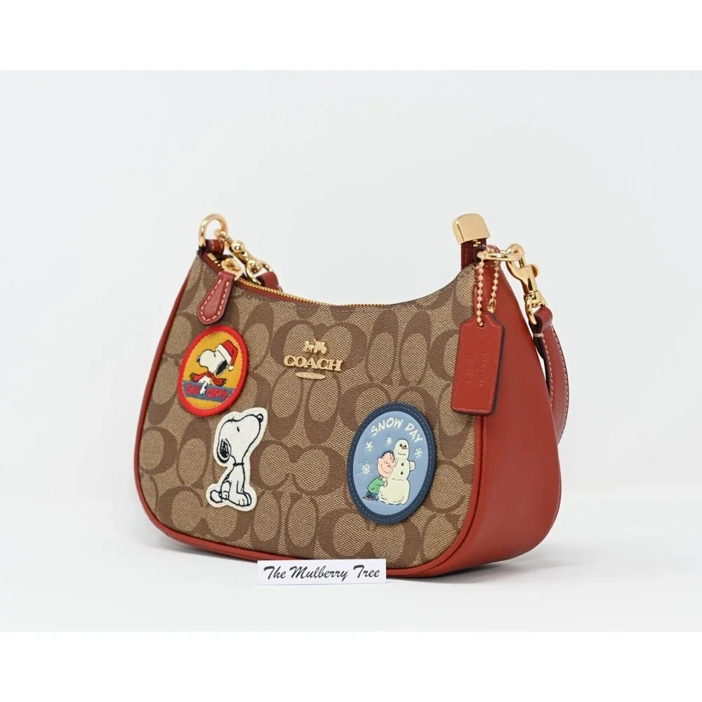 COACH X PEANUTS TERI Shoulder Bag Signature Canvas Snoopy Patches CE848 Org $428_2